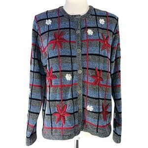 VINTAGE Knit Cardigan Hand Embroidered Holiday Snowflake Gray Red Size L